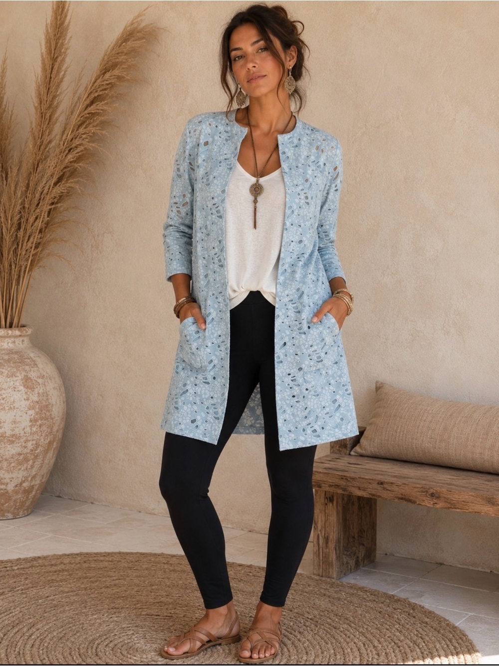Neiman Marcus Cotton Blend Light Blue Eyelet Duster Blazer Size Large